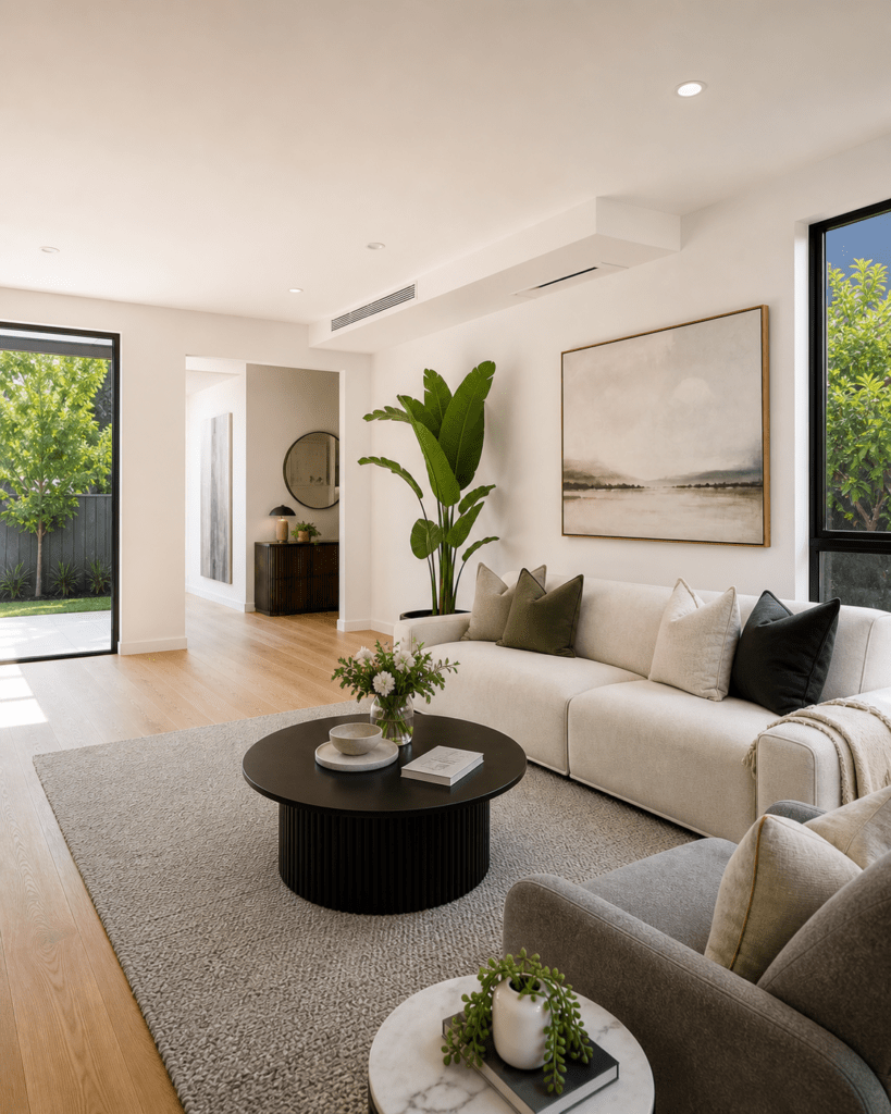 Professionally staged living room showing solved presentation problems before listing