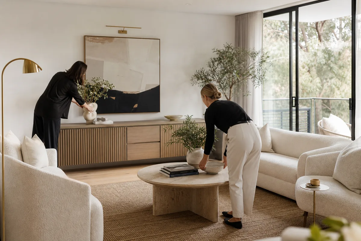 Experienced Melbourne property stylists preparing a premium living room