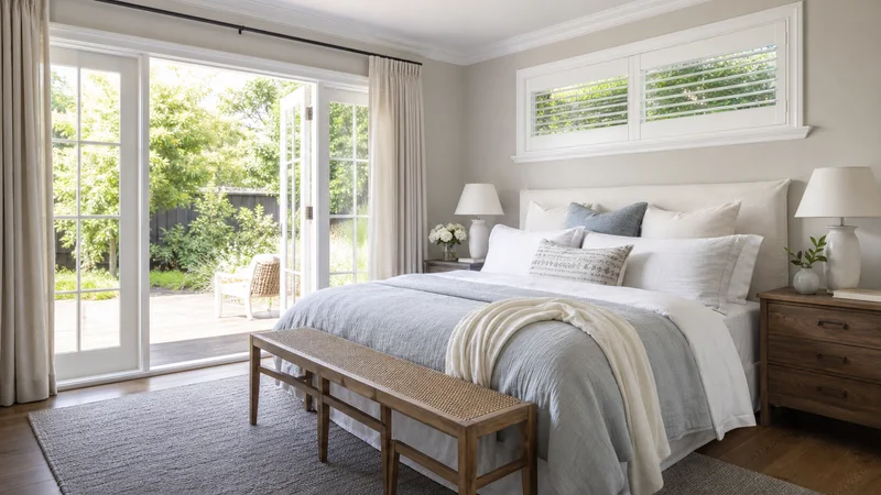 Layered Hampton bedroom styling in soft coastal tones