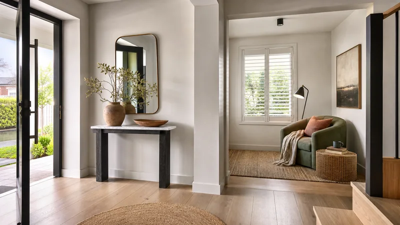 Hampton entry and reading nook styled with natural textures
