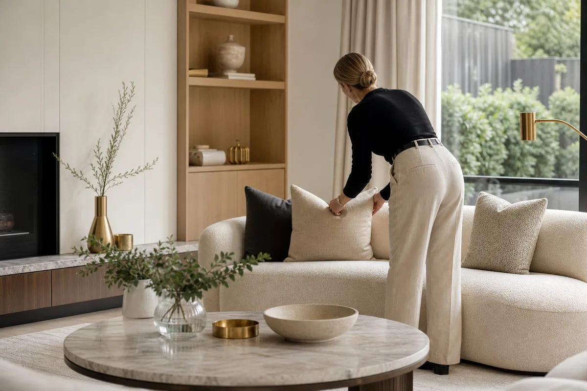 Professional stylist completing a premium Melbourne living room for sale